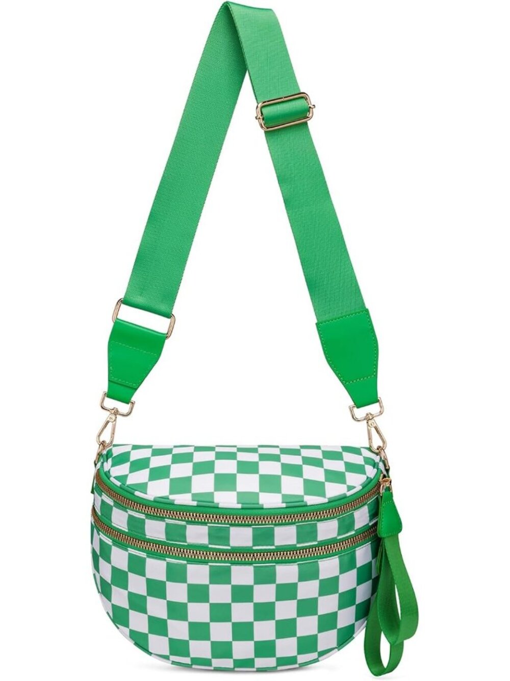 Womens Green Pure Color Checkered Nylon Fanny Pack Travel Crossbody Bag